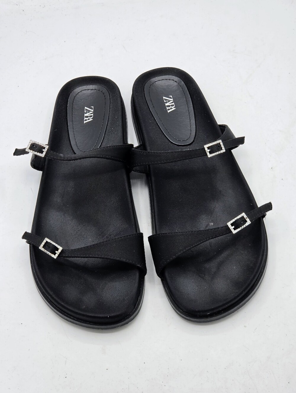 ZARA Black Satin Buckle Slides - Rhinestone Embellished Strappy Sandals Size 10 - Picture 1 of 13